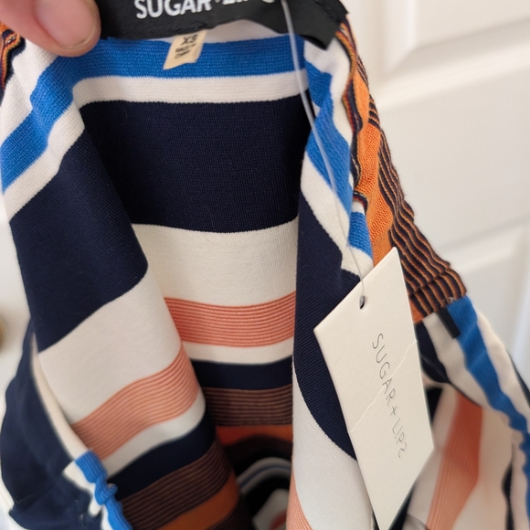 Sugarlips Blue and White Off the Shoulder Bell Sleeve Dress - Picture 6 of 8